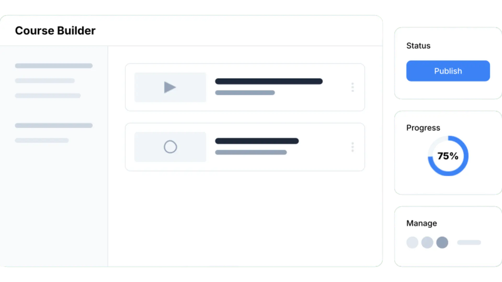 Illustration showing course builder workflows, lesson organization, and publishing tools